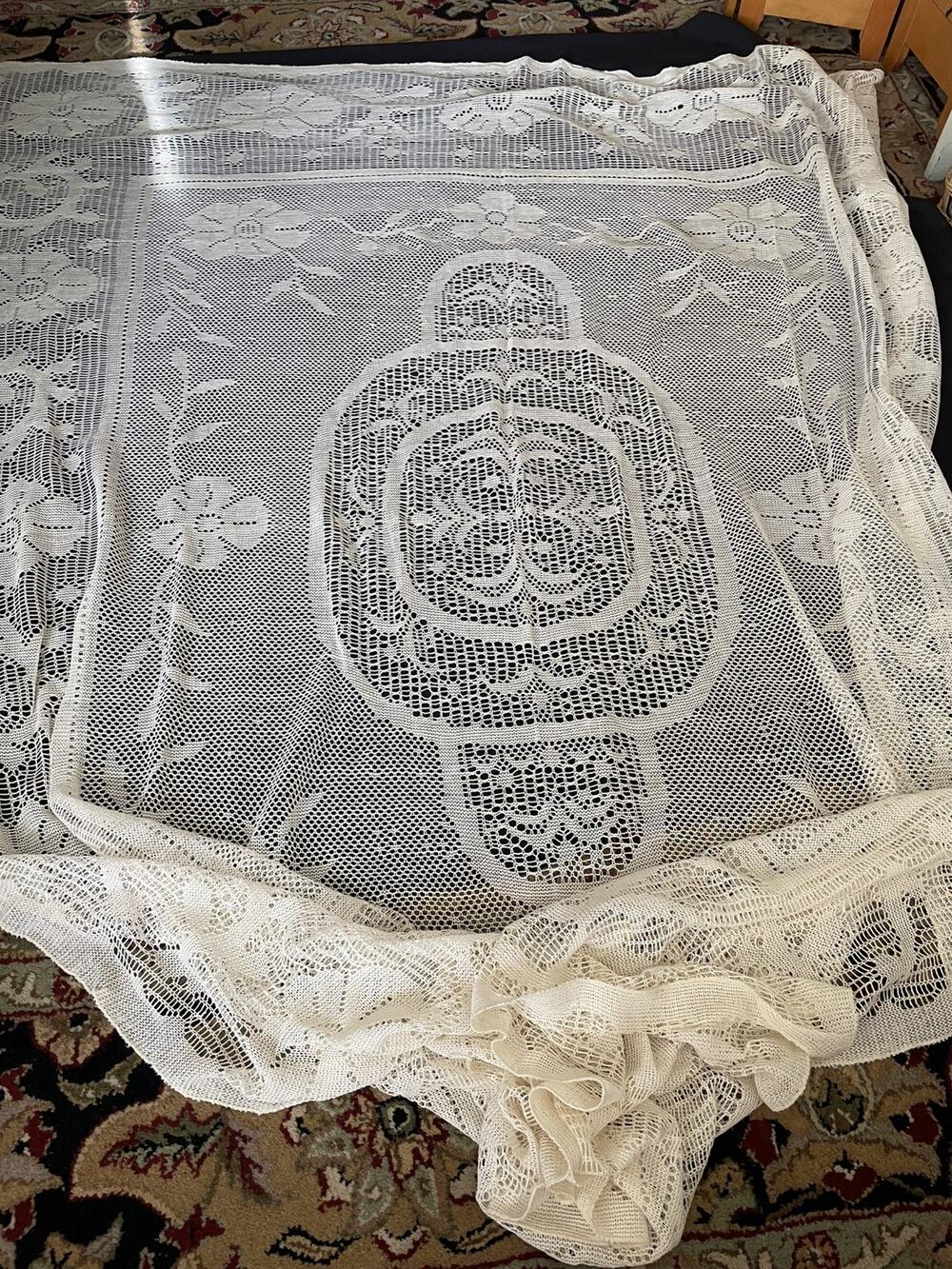Antique Filet Lace Tablecloth 80x100” Ecru Floral Shabby
